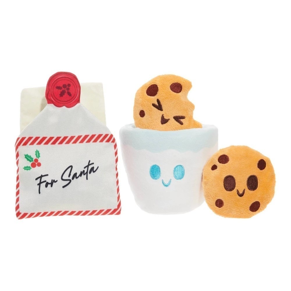 BARK Santa's Workchomp‎ Holiday Dog Toy Set Squeaky Plush Letter Cookies Milk